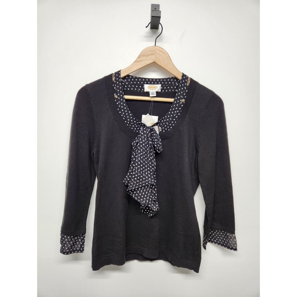 Vtg. Talbots Petites Women's Black Cotton/Silk Sweater W/Polka Dots Trim, Size M